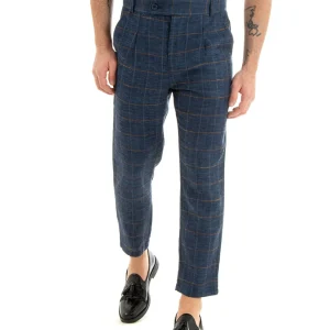 Pantaloni Uomo Tasca America Lino Classico Sartoriale Con Abbottonatura Allungata Con Pinces Scozzese Tartan Blu GIOSAL-P5366A