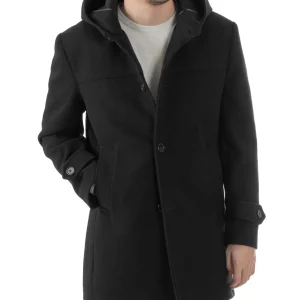 Cappotto Uomo Cappuccio Monopetto Tinta Unita Nero CO1103A