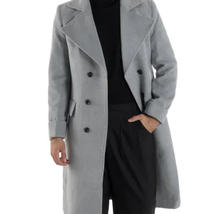 Cappotto Uomo Doppiopetto Lungo Revers A Lancia Tessuto Panno Tinta Unita Grigio CO1084A