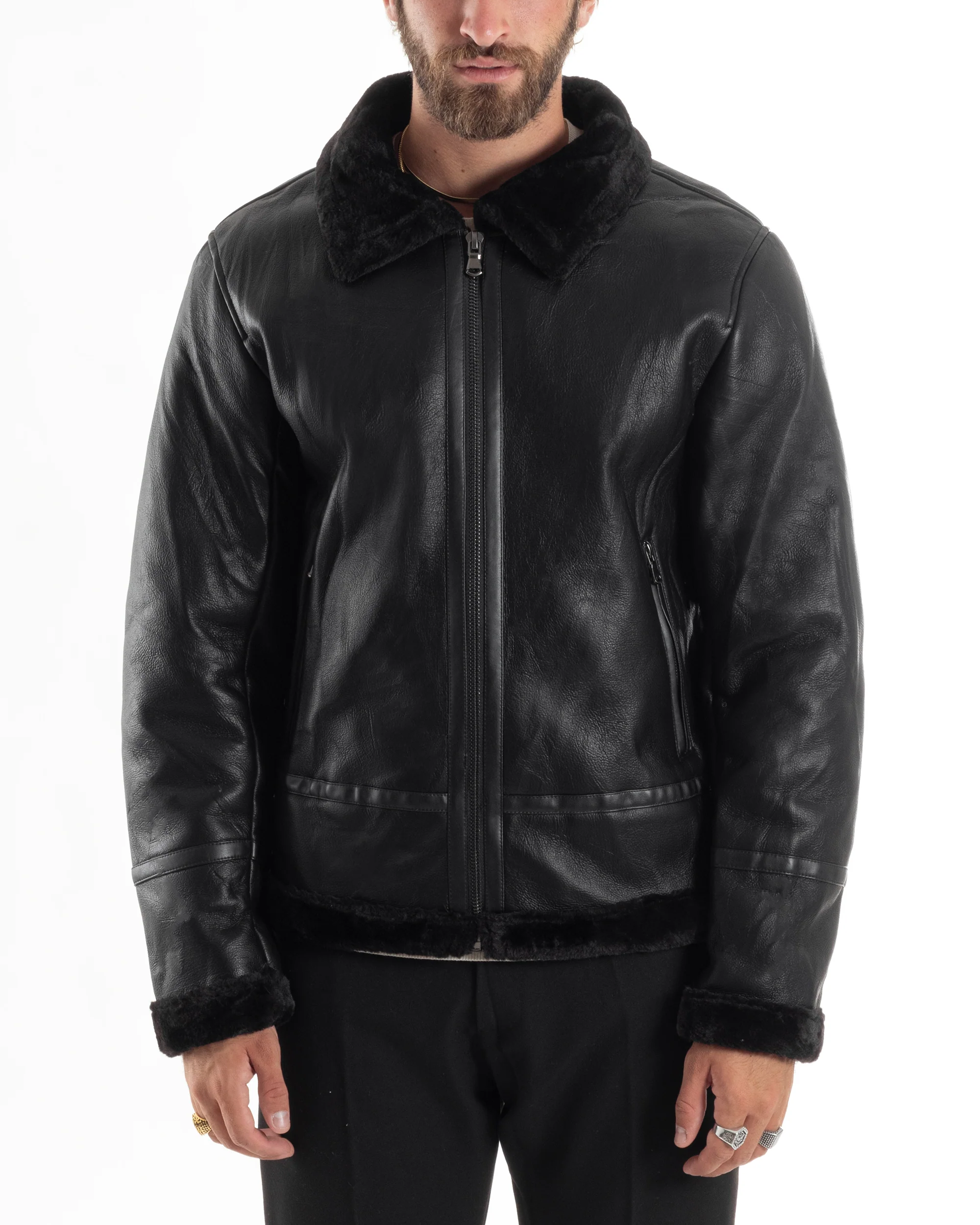 Giubbotto Montone Uomo Ecopelle College Con Zip Giacca Con Collo Imbottito Caldo Aviatore Con Pelliccia Casual Nero GIOSAL-G3225A - immagine 5