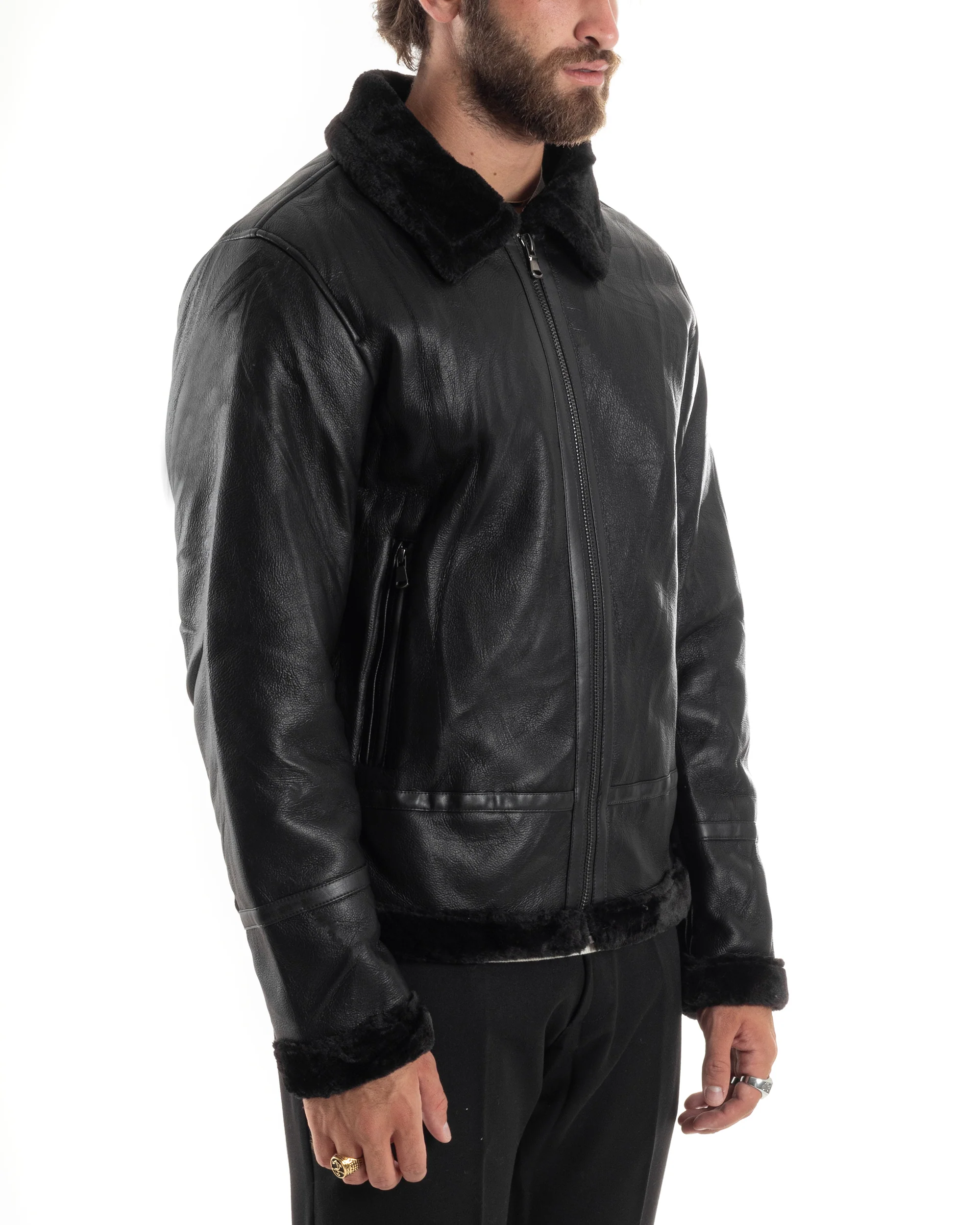 Giubbotto Montone Uomo Ecopelle College Con Zip Giacca Con Collo Imbottito Caldo Aviatore Con Pelliccia Casual Nero GIOSAL-G3225A - immagine 8