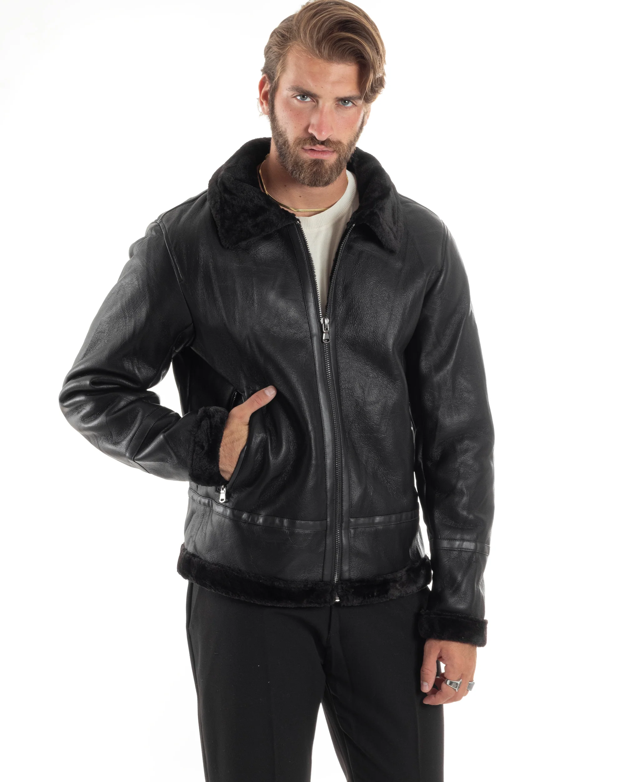 Giubbotto Montone Uomo Ecopelle College Con Zip Giacca Con Collo Imbottito Caldo Aviatore Con Pelliccia Casual Nero GIOSAL-G3225A - immagine 3