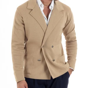 Cardigan uomo doppiopetto giacca bottoni metallo maglia links beige GIOSAL-M2893A