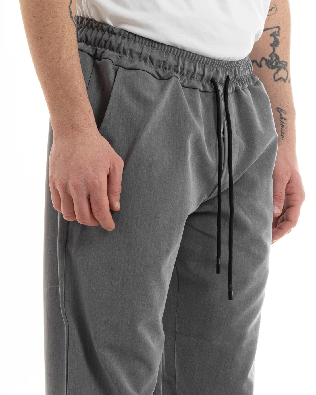 Pantaloni Uomo Pantalaccio Viscosa Jogger Con Tasche America Con Elastico Casual Tinta Unita Grigio GIOSAL-P5644A - immagine 7