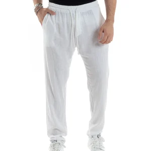 Pantaloni Uomo Lino Pantalaccio Elastico Morbido Basic Regular Fit Bianco P6095A