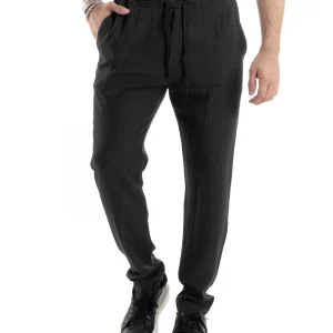 Pantaloni Uomo Lino Pantalaccio Elastico Morbido Basic Regular Fit Nero P6096A