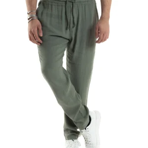 Pantaloni Uomo Lino Pantalaccio Elastico Morbido Basic Regular Fit Verde P6097A