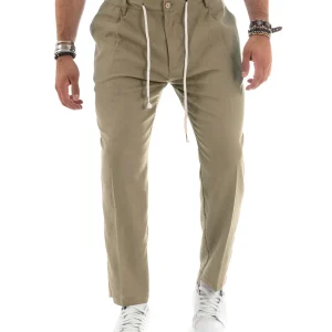 Pantaloni Uomo Lino Tasche America Elastico Sul Retro Fango P6103A