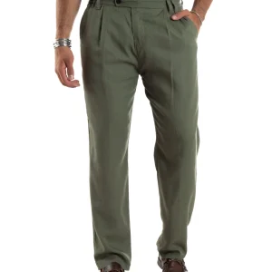 Pantaloni Uomo Lino Baggy Lungo Abbottonatura Allungata Tasche America Pinces Elastico Sul Retro Casual Tinta Unita Verde GIOSAL-P6108A
