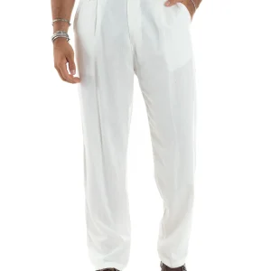 Pantaloni Uomo Lino Baggy Lungo Abbottonatura Allungata Tasche America Pinces Elastico Sul Retro Casual Tinta Unita Bianco GIOSAL-P6109A