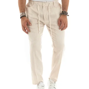 Pantaloni Uomo Lino Tasche America Elastico Sul Retro Beige Chiaro P6113A