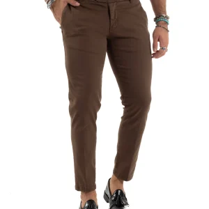 Pantaloni Uomo Tasche America Abbottonatura Allungata Cotone Invernale Capri Slim Marrone P6171A