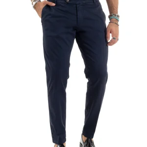Pantaloni Uomo Tasche America Abbottonatura Allungata Cotone Invernale Capri Slim Blu P6176A