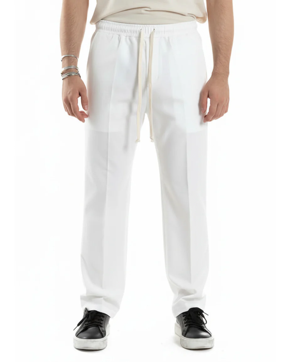 Pantaloni Uomo Pantalaccio Morbido Viscosa Baggy Fondo Largo Bianco P6223A - immagine 5