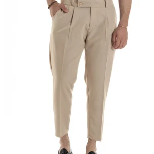 Pantaloni Uomo Vita Alta Con Pinces Classico Bustino Abbottonatura Allungata Casual Viscosa Estivo Beige GIOSAL-P6276A