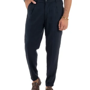 Pantaloni uomo lino sartoriale tasche america pinces elastico casual regular fit blu GIOSAL-P6320A