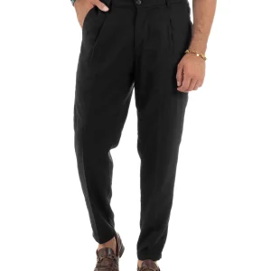 Pantaloni Lino Uomo Tasche America Sartoriale Con Pinces Nero P6322A
