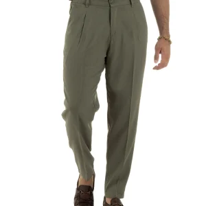 Pantaloni Lino Uomo Tasche America Sartoriale Con Pinces Verde Militare P6323A