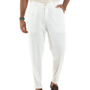 Pantaloni Lino Uomo Tasche America Sartoriale Con Pinces Bianco P6325A