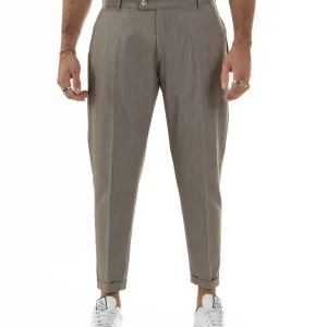 Pantaloni Uomo Viscosa Tasche America Classico Abbottonatura Allungata Beige Melangiato P6339A