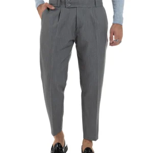 Pantaloni Uomo Viscosa Vita Alta Con Pinces Classico Casual Grigio P6372A