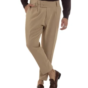 Pantaloni Uomo Viscosa Vita Alta Con Pinces Classico Casual Beige P6376A