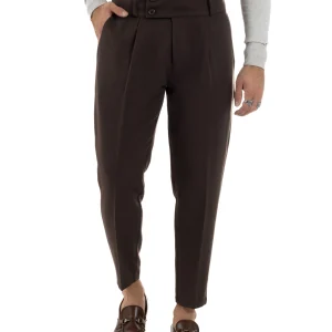 Pantaloni Uomo Viscosa Vita Alta Con Pinces Classico Casual Marrone P6377A