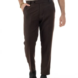 Pantaloni Uomo Lana Abbottonatura Allungata Classico Basic Marrone P6436A