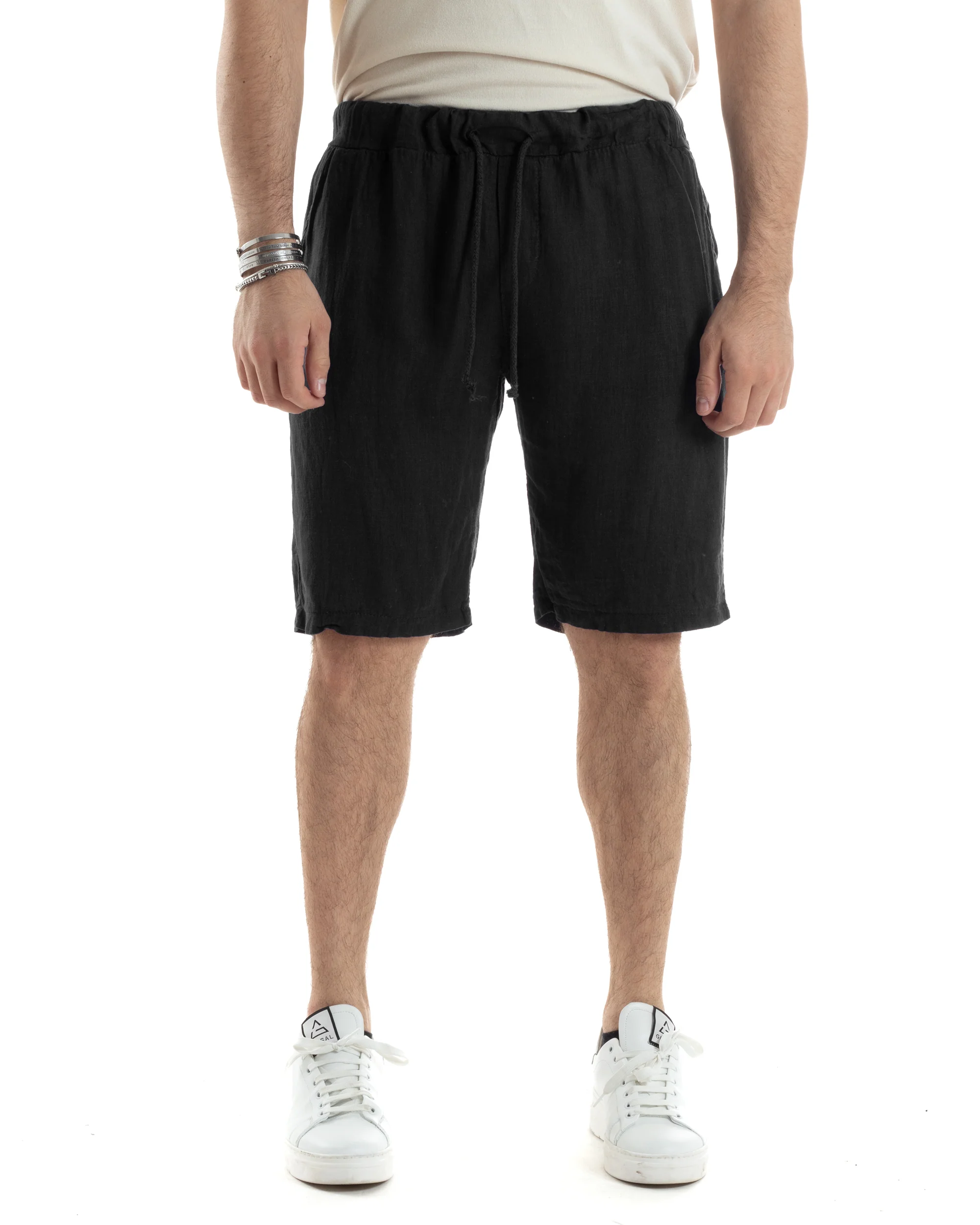 Bermuda Pantaloncini Uomo Corti Lino Jogger Basic Tinta Unita Nero GIOSAL-PC1944A - immagine 3