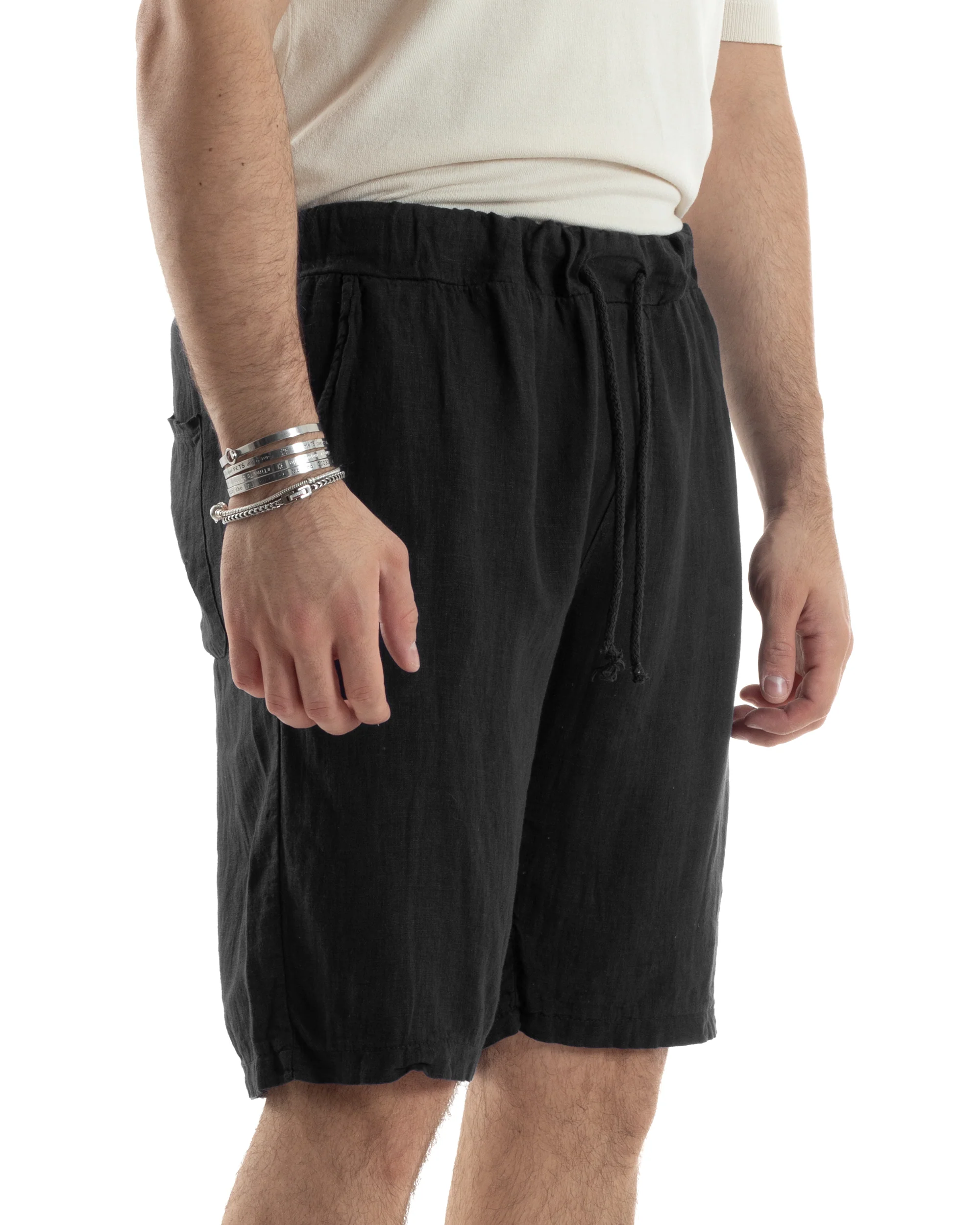Bermuda Pantaloncini Uomo Corti Lino Jogger Basic Tinta Unita Nero GIOSAL-PC1944A - immagine 4