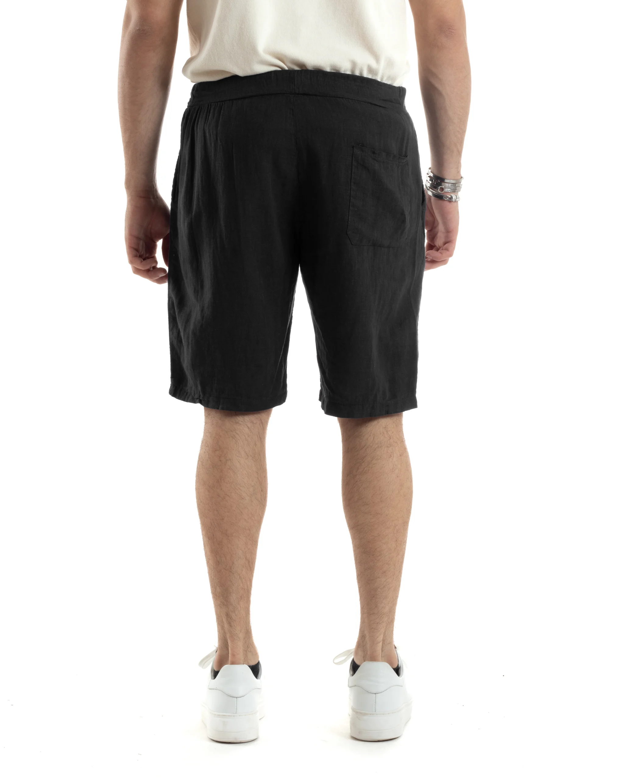 Bermuda Pantaloncini Uomo Corti Lino Jogger Basic Tinta Unita Nero GIOSAL-PC1944A - immagine 6