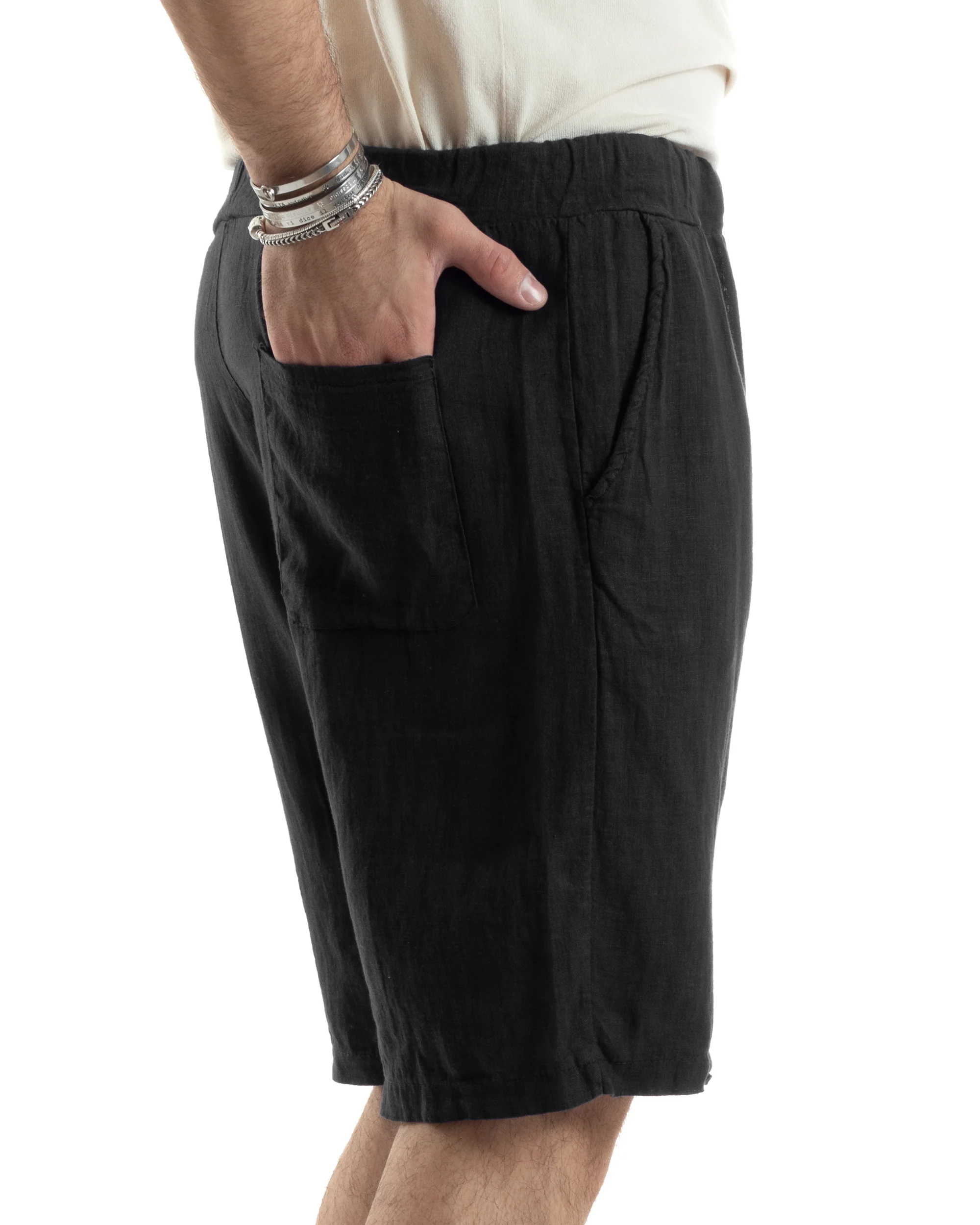 Bermuda Pantaloncini Uomo Corti Lino Jogger Basic Tinta Unita Nero GIOSAL-PC1944A - immagine 5