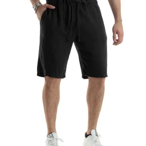 Bermuda Pantaloncini Uomo Corti Lino Jogger Basic Tinta Unita Nero GIOSAL-PC1944A