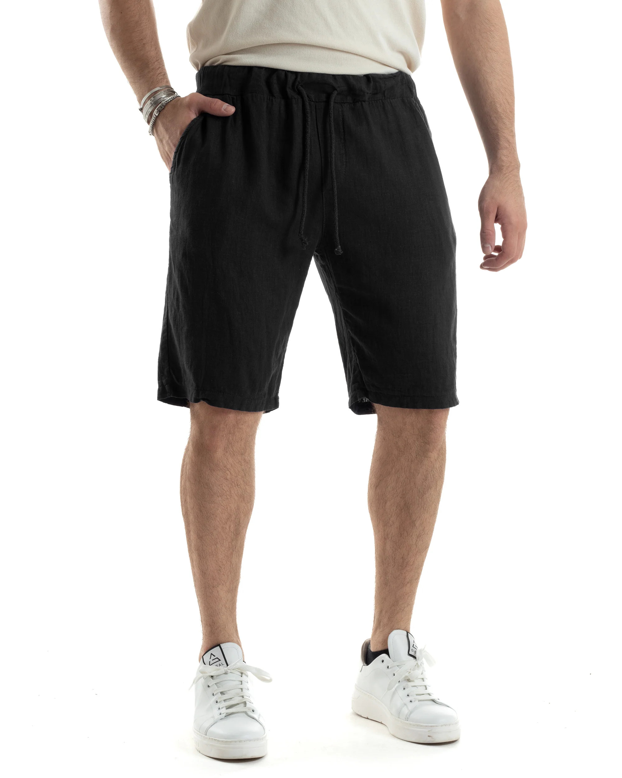 Bermuda Pantaloncini Uomo Corti Lino Jogger Basic Tinta Unita Nero GIOSAL-PC1944A - immagine 2