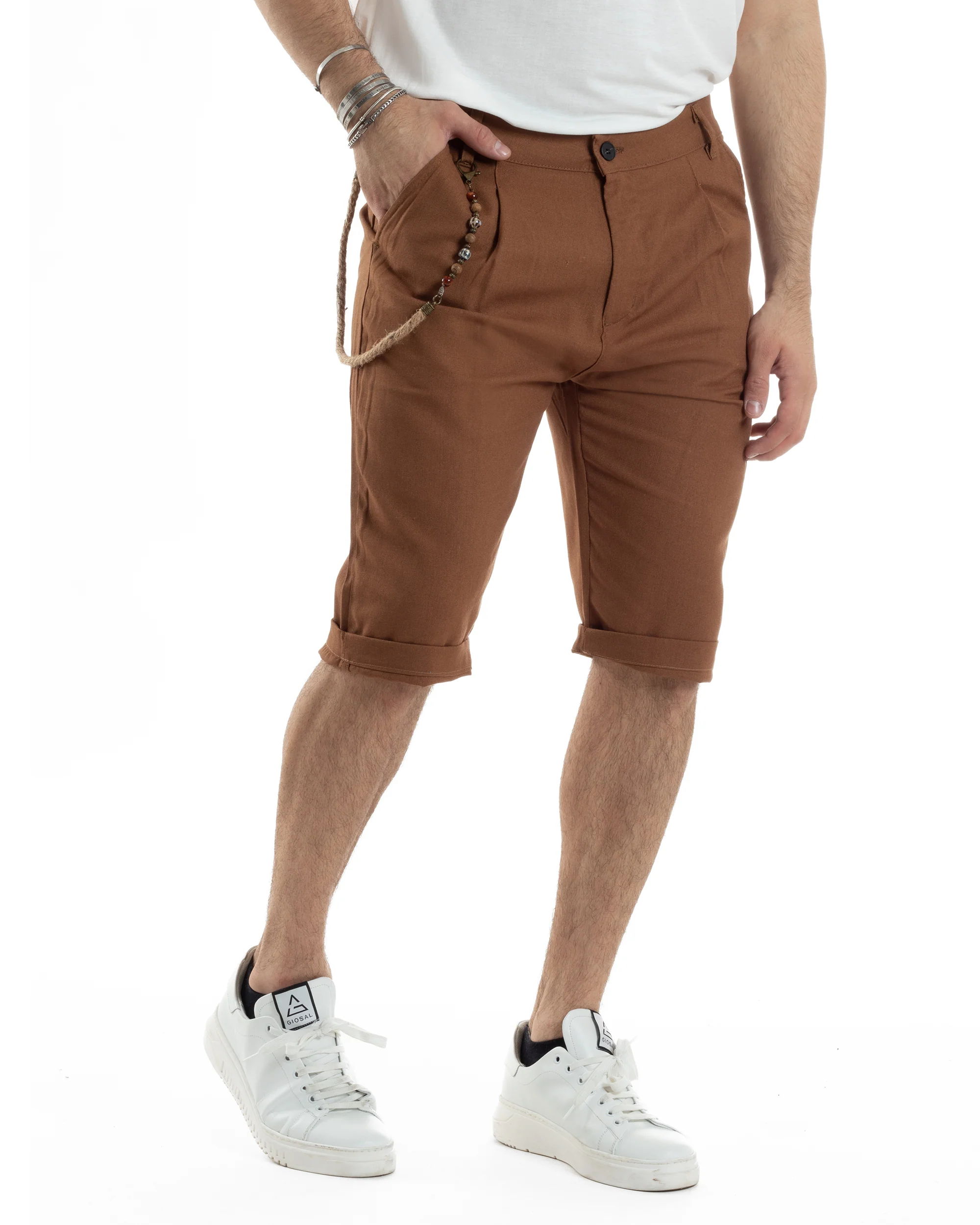 Bermuda Pantaloncini Uomo Corti Lino Tasca America Classico Sartoriale Comodo Casual Tinta Unita Camel GIOSAL-PC1952A - immagine 3