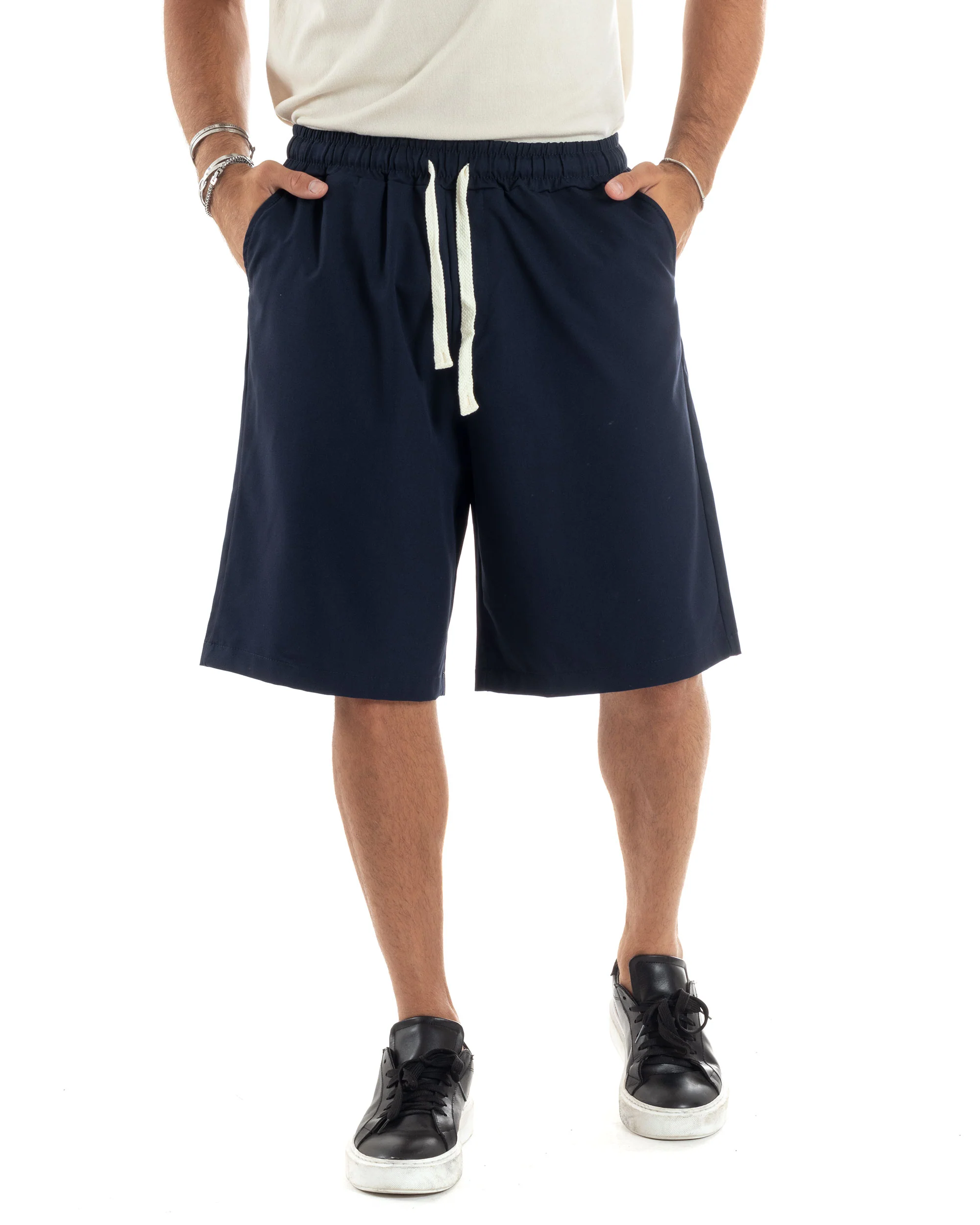 Bermuda Uomo Viscosa Pantalaccio Corto Jogger Con Laccio Wide Leg Oversize Comodo Basic Tinta Unita Blu GIOSAL-PC1967A - immagine 2