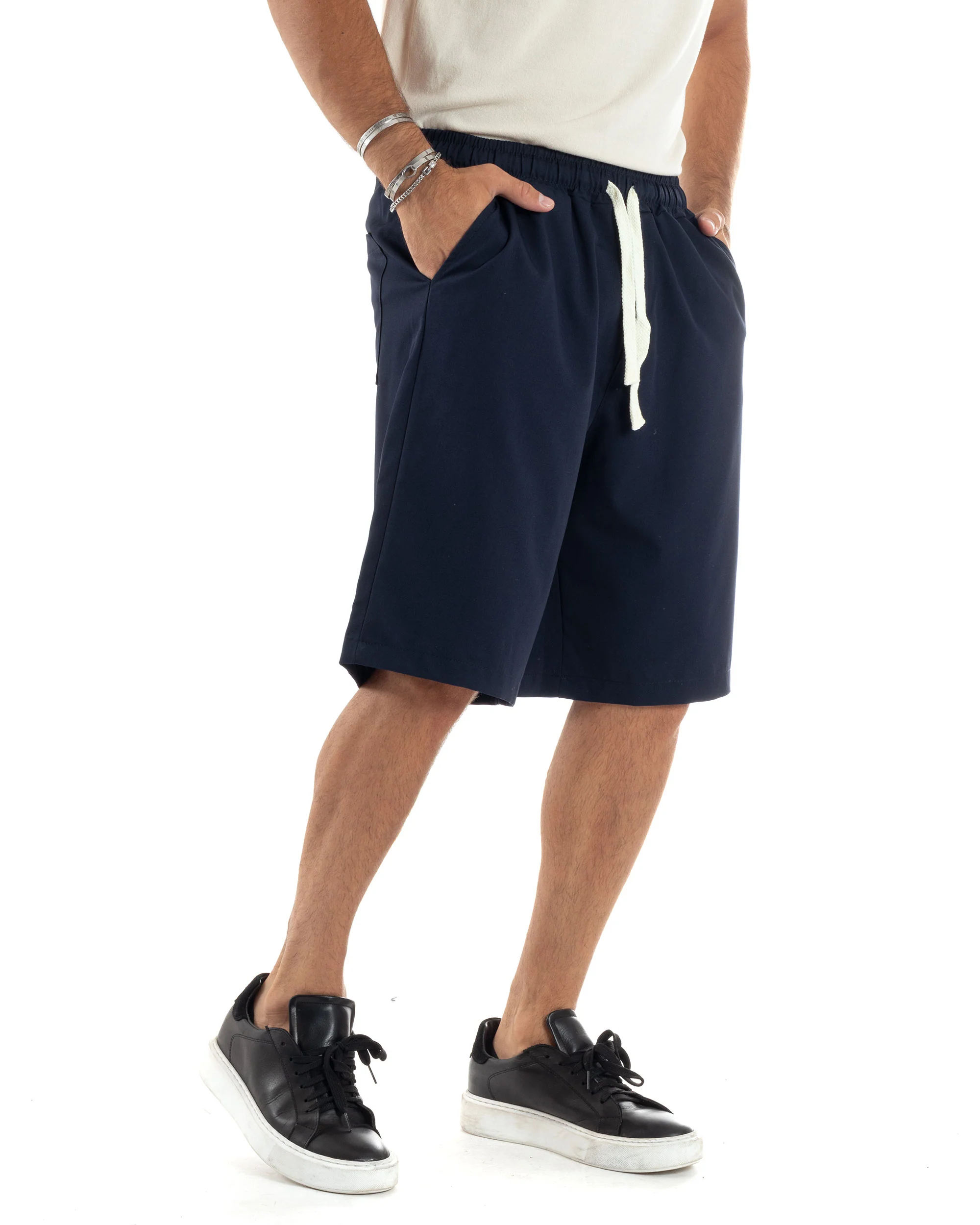 Bermuda Uomo Viscosa Pantalaccio Corto Jogger Con Laccio Wide Leg Oversize Comodo Basic Tinta Unita Blu GIOSAL-PC1967A - immagine 3
