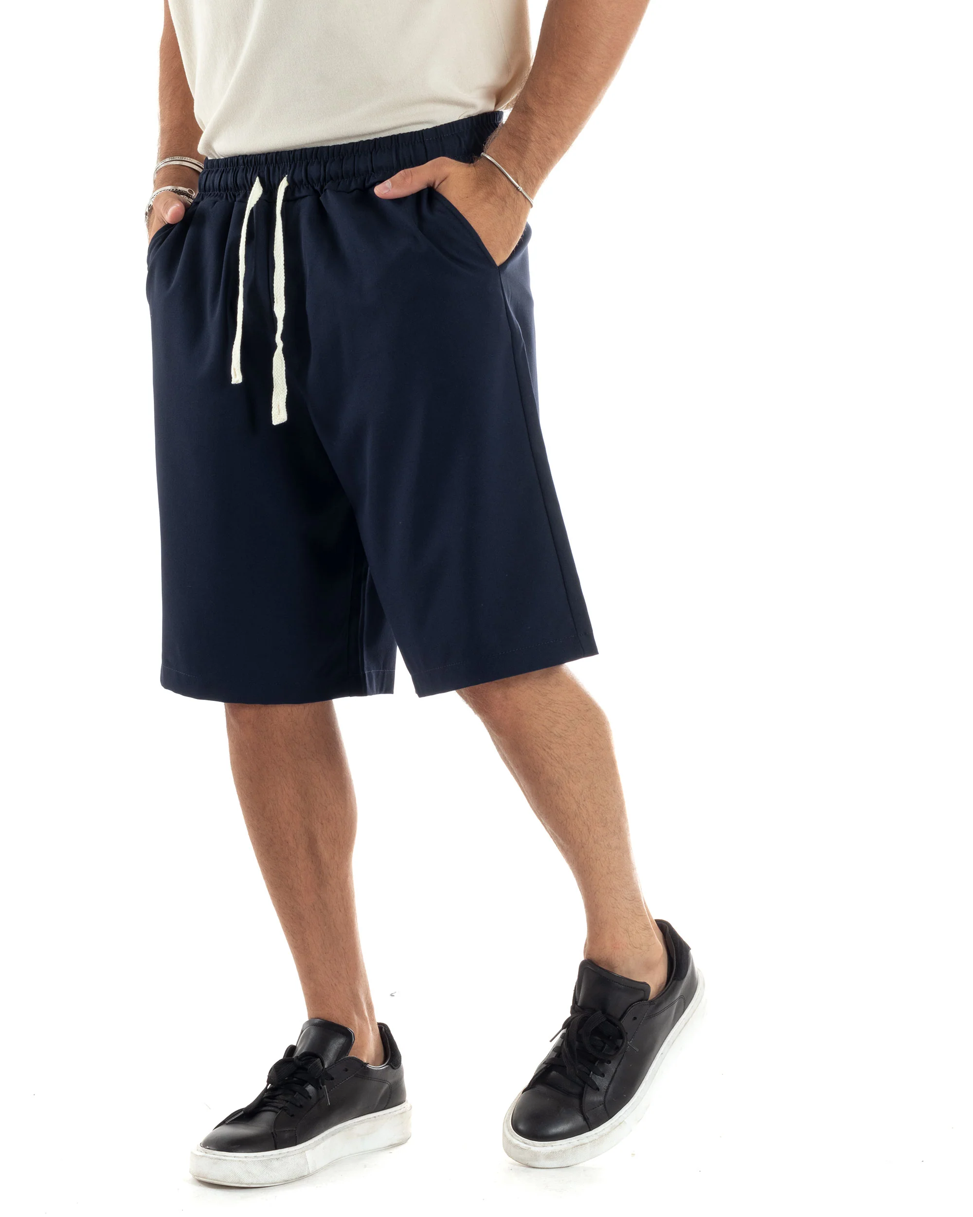Bermuda Uomo Viscosa Pantalaccio Corto Jogger Con Laccio Wide Leg Oversize Comodo Basic Tinta Unita Blu GIOSAL-PC1967A - immagine 5
