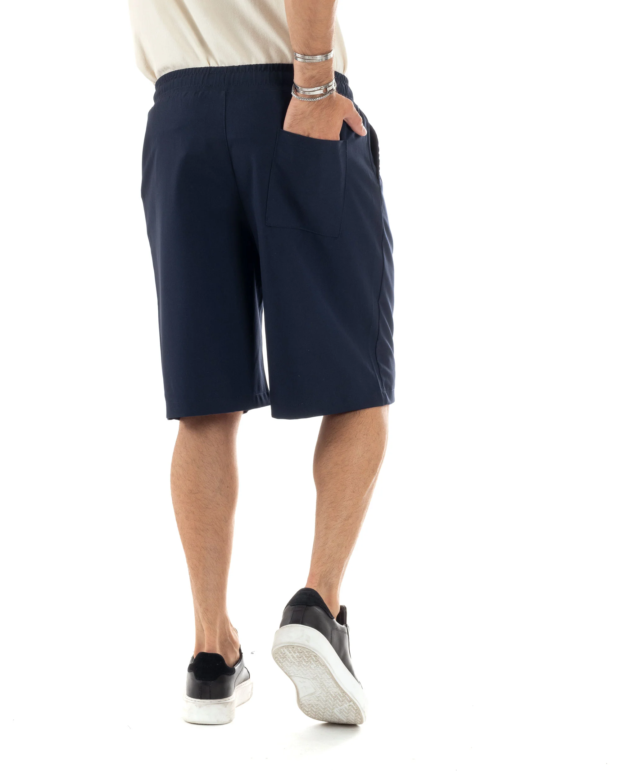 Bermuda Uomo Viscosa Pantalaccio Corto Jogger Con Laccio Wide Leg Oversize Comodo Basic Tinta Unita Blu GIOSAL-PC1967A - immagine 4