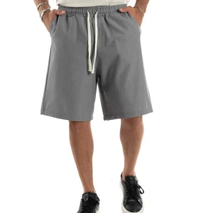 Bermuda Uomo Viscosa Pantalaccio Corto Jogger Con Laccio Wide Leg Oversize Comodo Basic Tinta Unita Grigio GIOSAL-PC1968A