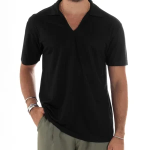 Polo Mezze Maniche Uomo Basic Scollo A V T-Shirt Con Colletto Tinta Unita Nero GIOSAL-TS3068A