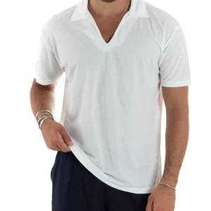 Polo Mezze Maniche Uomo Basic Scollo A V T-Shirt Con Colletto Tinta Unita Bianco GIOSAL-TS3071A