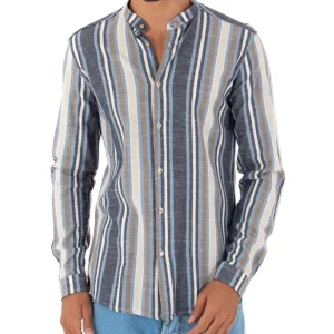 Camicia Uomo Collo Coreano Lino Rigata Sartoriale Blu GIOSAL-C2342A