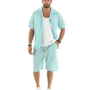 Completo Set Coordinato Uomo Viscosa Camicia Con Colletto Bermuda Outfit Verde Acqua GIOSAL-OU2355A