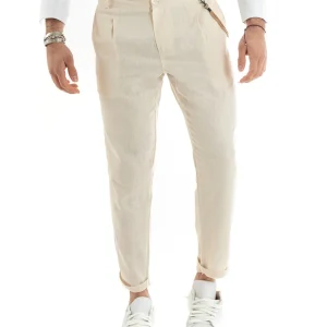 Pantaloni Uomo In Lino Con Tasca America Con Pinces Classico Sartoriale Comodo Casual Tinta Unita Beige GIOSAL-P5788A