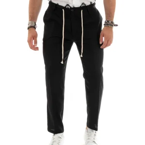 Pantaloni Uomo Lino Tasche America Elastico Sul Retro Nero P5832A