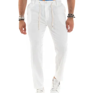 Pantaloni Uomo Lino Tasche America Elastico Sul Retro Bianco P5833A