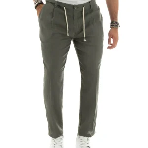 Pantaloni Uomo Lino Tasche America Elastico Sul Retro Verde P5835A