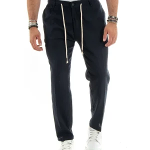 Pantaloni Uomo Lino Tasche America Elastico Sul Retro Blu P5837A