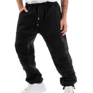 Pantaloni Uomo Denim Jogger Con Rotture Sfrangiato Pantalaccio Con Coulisse Ripped Casual Tinta Unita Nero GIOSAL-P5851A